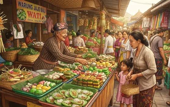 Penyajian aneka ragam kue tradisional atau jaje Bali dengan balutan daun pisang di sebuah lapak kuliner legendaris.